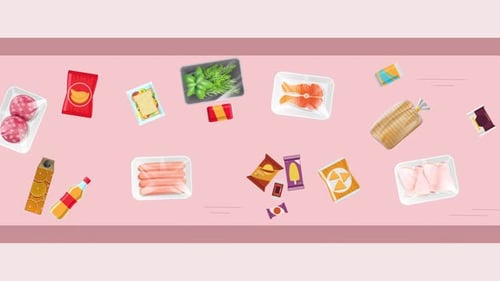 The Movement of the Conveyor with a Lot of Different Products in the Supermarket
