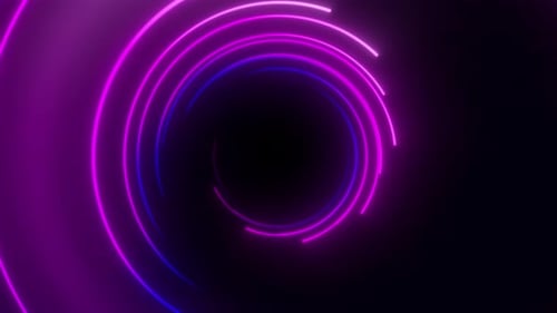 Abstract glowing round tunnel formed by neon purple and blue light arcs, creating a futuristic circu