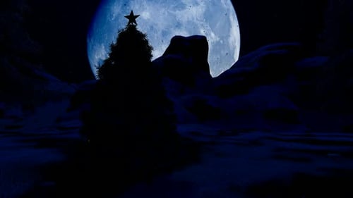 Christmas Tree Silhouette Against a Big Blue Moon