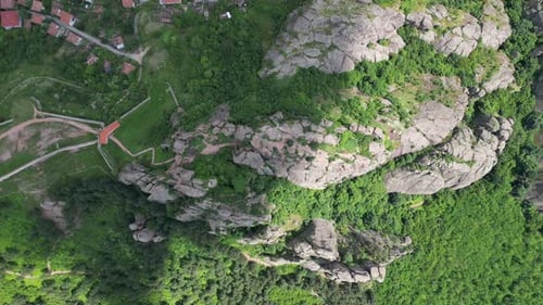 Aerial video of Belogradchik, sandstone, rocky outcrop, formations, landscape, Bulgaria.
