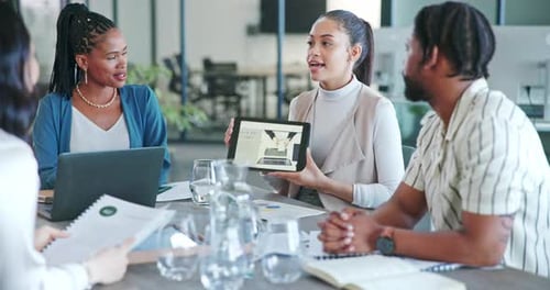 Happy, applause or business people with tablet presentation for company growth