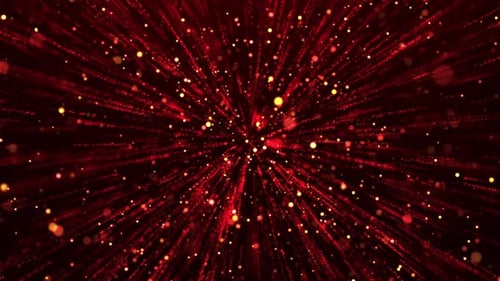 Abstrakte bunte Staubexplosion roter Partikel, Bewegung leuchtender Partikel, Lichtgeschwindigkeit