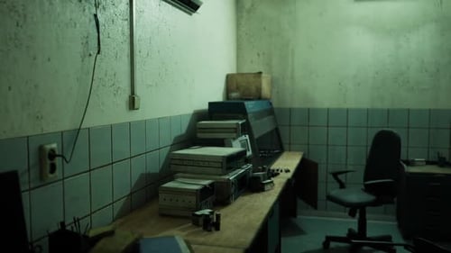 Empty Room with Old Equipment and a Chair in a Dimly Lit Space
