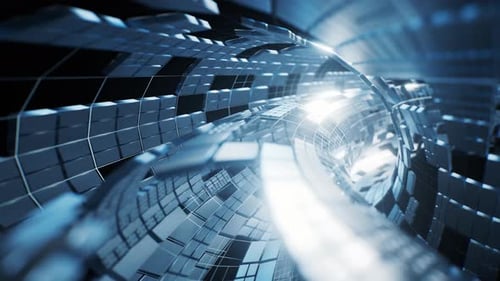 Runder Tunnel mit metallischen technologischen Würfeln, 3D-Rendering.