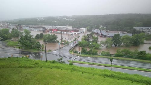 Aerial View of Flooded Streets Roads and Houses with Cars in Bedford Canada