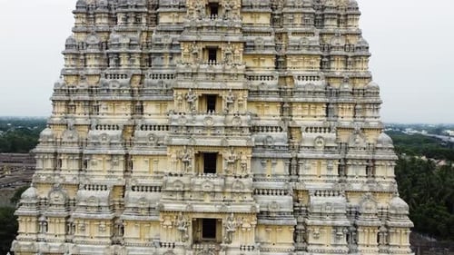 Aerial view of Sri Kanchi Kamakshi Amman Temple in Kanchipuram, Tamil Nadu. Close-up of temple tower