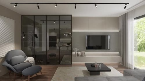 3D-rendering. The camera flies over a modern studio apartment.