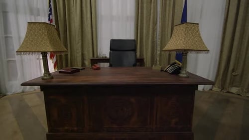 Oval office low angle pull back from desk HD