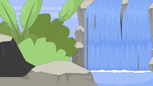 Tropical waterfall in jungle 2D cartoon animation