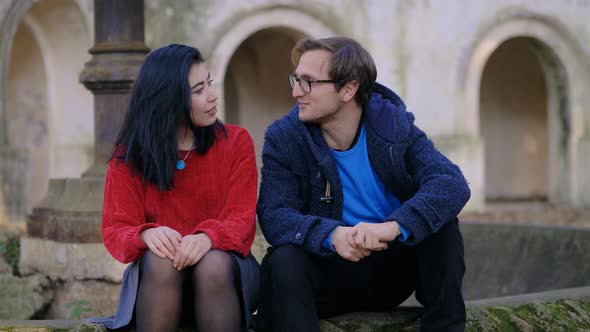 failed romantic approach. Young man hugging woman.She refused hug ...