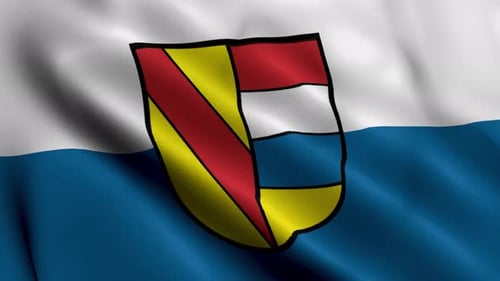 Waving White and Blue Flag with Abstract Coat of Arms