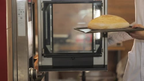 A baker in protective gloves opens a convection oven and puts bread in it. Bread production.