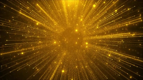 Golden digital rays explode in center particles spread shine, light trails flicker cosmic sparkle ef
