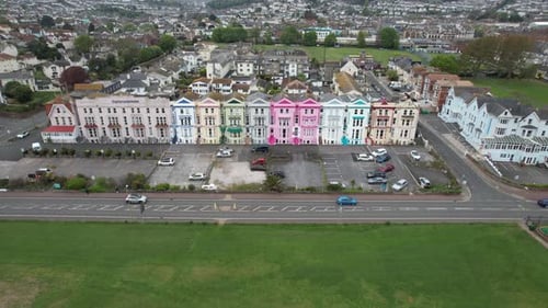 Row of colourful Houses in Paignton Devon UK drone aerial view
