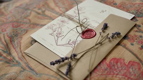 Elegant Wedding Invitation with Lavender Decoration on Fabric