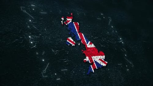 La bandera del Reino Unido (Reino Unido) se abre sobre un fondo grunge con un centro tecnológico