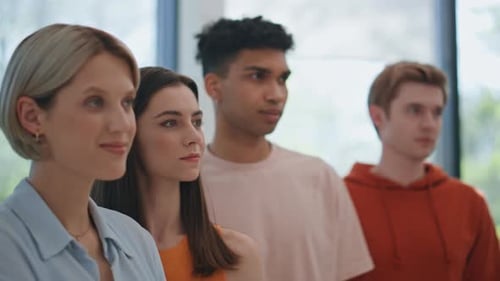 Diverse Team Posing Together Conference Office Close Up Group Listening Speech