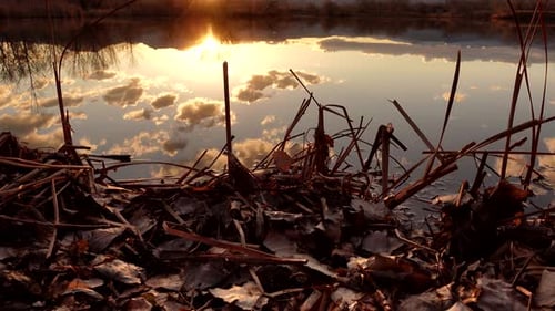 Reflection of sunset and clouds over lake surface