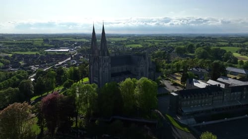 St. Patrick's Cathedral, County Armagh, Northern Ireland, May 2023. Drone orbits clockwise around Ro