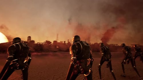 Eine Armee futuristischer Militärroboter marschiert bei Sonnenuntergang durch eine zerstörte Stadt