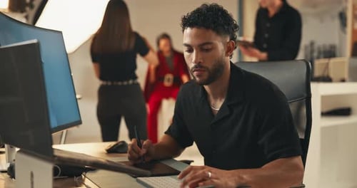Computer, creative man and photography editor in studio for drawing, typing