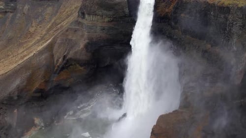 Aerial Over Majestic Haifoss Waterfall. Spectacular Scenery of Iceland