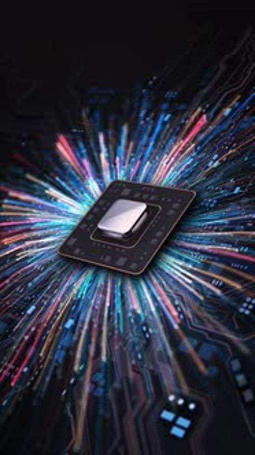 Futuristische Mikrochip-Datenexplosionstechnologie Hintergrundgeschwindigkeit Prozessorchip-Datenströme in