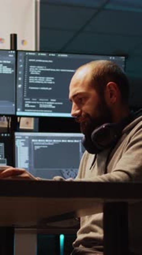 Vertikaler Videosystem-Programmierer, der Code auf Laptop und mehreren Monitoren eingibt