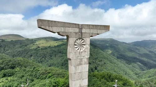 Aerial shot of famous Didgori battle monument with giant swords and amphitheater