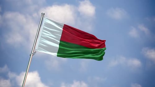 Realistic Madagascar Flag Flying in Wind Against Cloudy Sky
