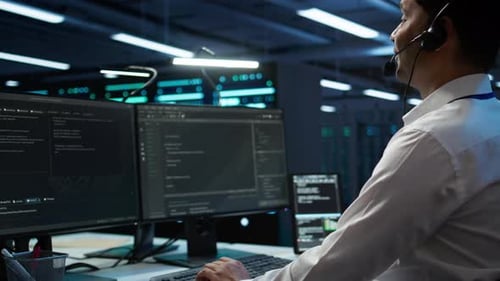 Close Up Shot of Server Hub Staff Member Communicating with Repairmen