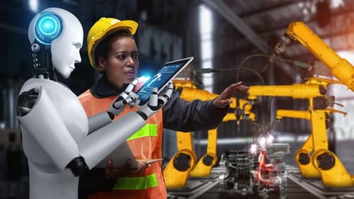 Cybernated Industry Robot and Human Worker Working Together in Future Factory