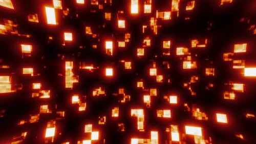 Orangegelbe, in Energieschleifen geschleifte, leuchtende Blöcke, digitale futuristische Quadrate, heller Computerhintergrund