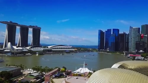 Panning right from Marina Bay Sands to reveal Singapore's iconic skyline