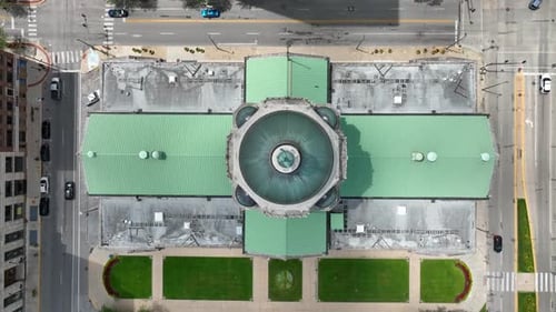 Allen County Court in downtown Fort Wayne, Indiana. Aerial top down shot of green roofed government