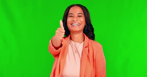 Face, thumbs up and happy woman in green screen studio with hand, sign and thank you on mockup