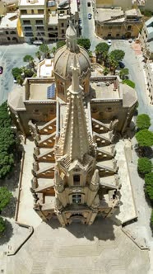 Aerial drone view of the Gozo island in Malta, in the Mediterranean Sea. Vertical