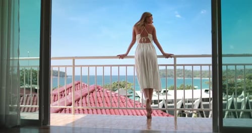 Beautiful Happy Woman Long Dress Enjoy Ocean View