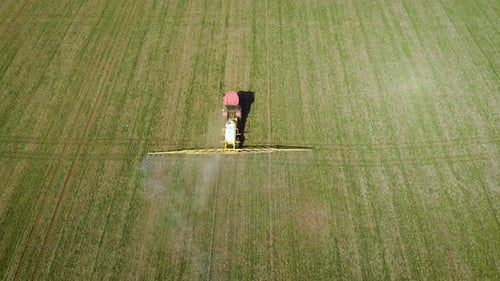 Aerial Top View of Farming Tractor Spraying on Field with Sprayer Herbicides and Pesticides