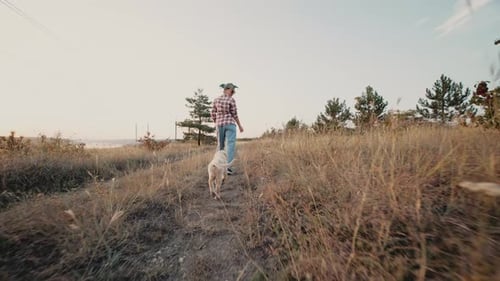 Person Walks Dog on Grassy Hillside Trail