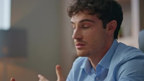 Online Coach Waving Hand on Online Conference Closeup Office Worker Talking Web