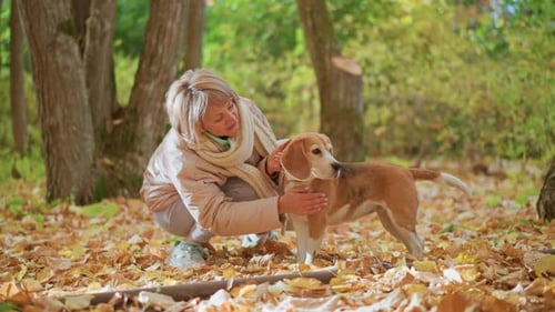 Child Passing Leash to Woman Holding Beagle Puppy in Autumn Woods