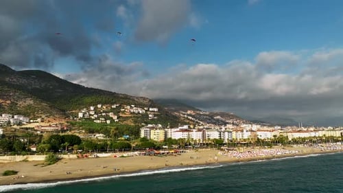 Paragliding Adventure Sport with Parachute Aerial View 4 K Turkey Alanya