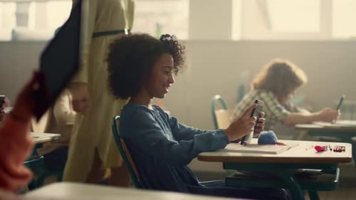 African American Girl Using Digital Tablet at School Lesson. Smiling Schoolgirl Browsing