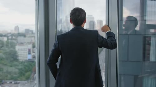 Tensed Manager Worried Crisis Company Standing Near Office Window Closeup