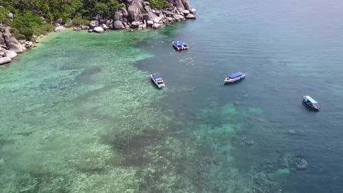 Tropical Island Paradise with Boats and Snorkelers