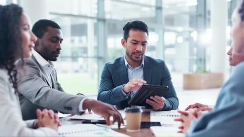 Business people, manager meeting and tablet for teamwork, planning and feedback