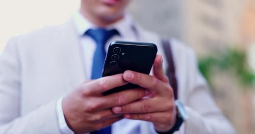 Hands, business man and smartphone, chat in city for communication and social media