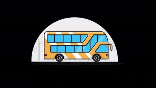 Gelber Doppeldeckerbus. Animationsvideo zum Konzept des öffentlichen Verkehrsdienstes - Transparent