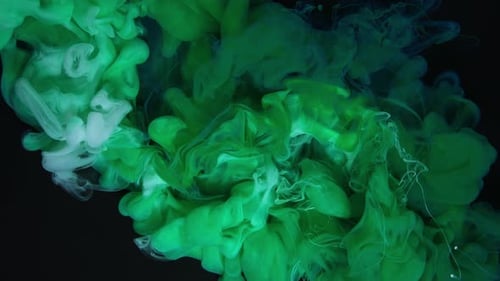 Colored Ink and Green and Yellow Paint Splash Creating Beautiful Abstract Display on a Black